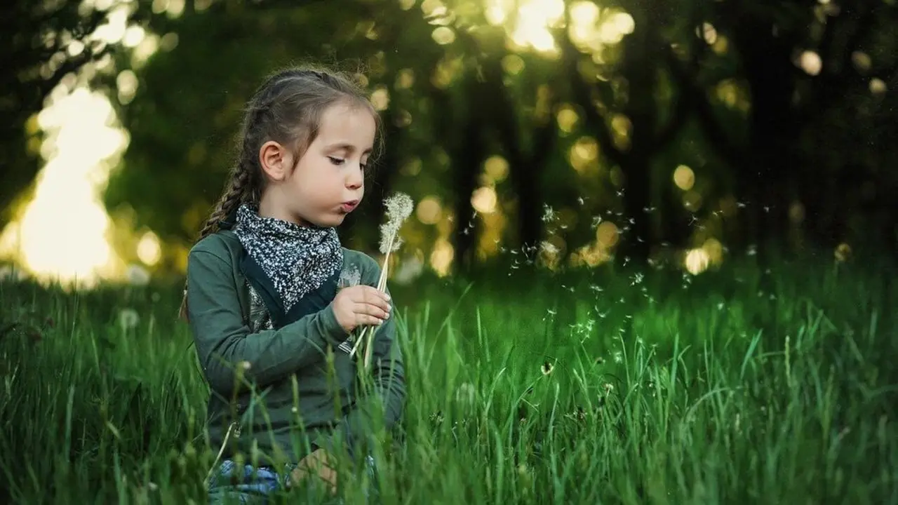 Ni&ntilde;a con diente de le&oacute;n en el bosque ejemplo de yincana en Burgos