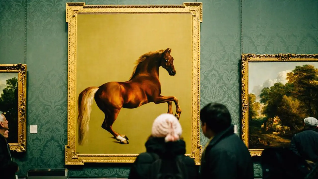 Personas mirando un cuadro de un caballo en un museo exposiciones Palencia
