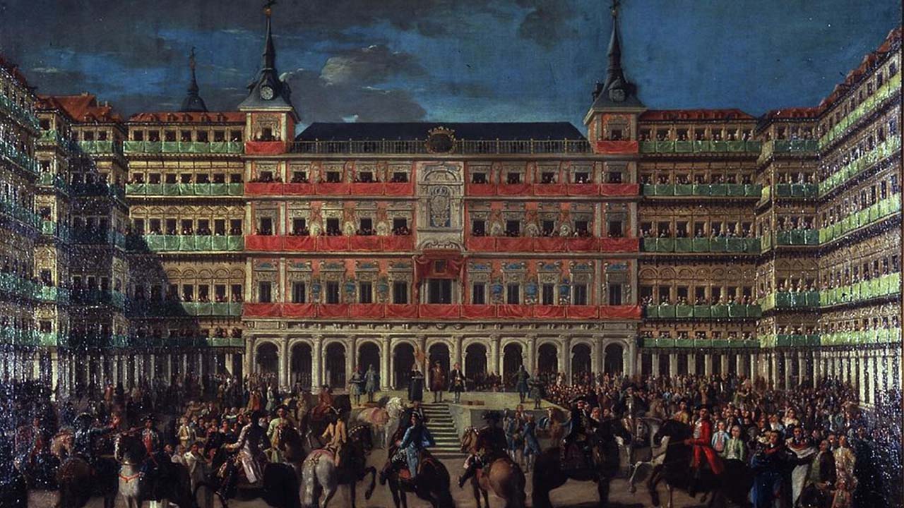 Ornato de la plaza Mayor con motivo de la entrada de Carlos III en Madrid. Oleo de Lorenzo Quiros 1760 conservado en la Real Academia de Bellas Artes de San Fernando.