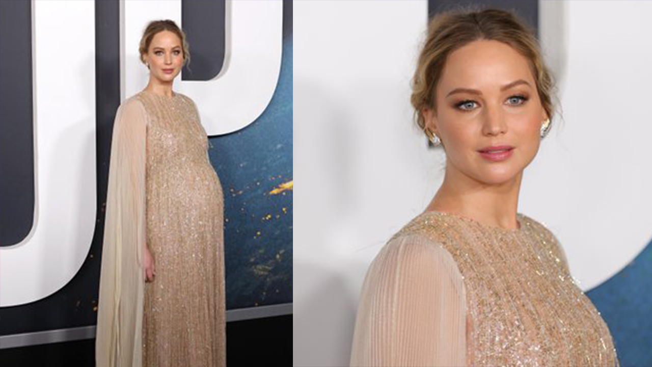 Jennifer Lawrence luce radiante su embarazo con un vestido dorado en el estreno de ‘Don’t Look Up’